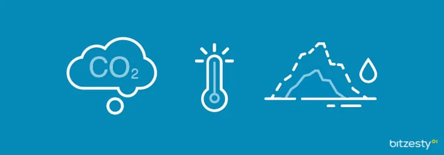 Three icons representing climate change and global warming, including CO2 in a cloud, a thermometer and a melting iceberg.